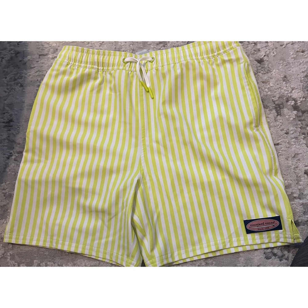 Vineyard Vines Boys yellow & White Striped Swim Trunks Board Shorts Size Large
